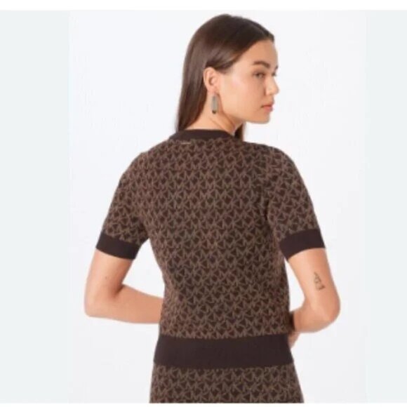 Michael Michael Kors Black Gold Palm Print Short Sleeve Knit Sweater Top Medium - Picture 12 of 12